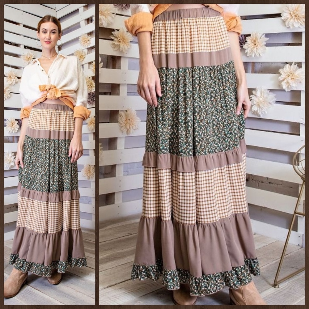 EASEL "Mix & Match" Gingham & Floral Print Ruffle Trim Tiered Maxi Skirt & Dress - Picture 7 of 16
